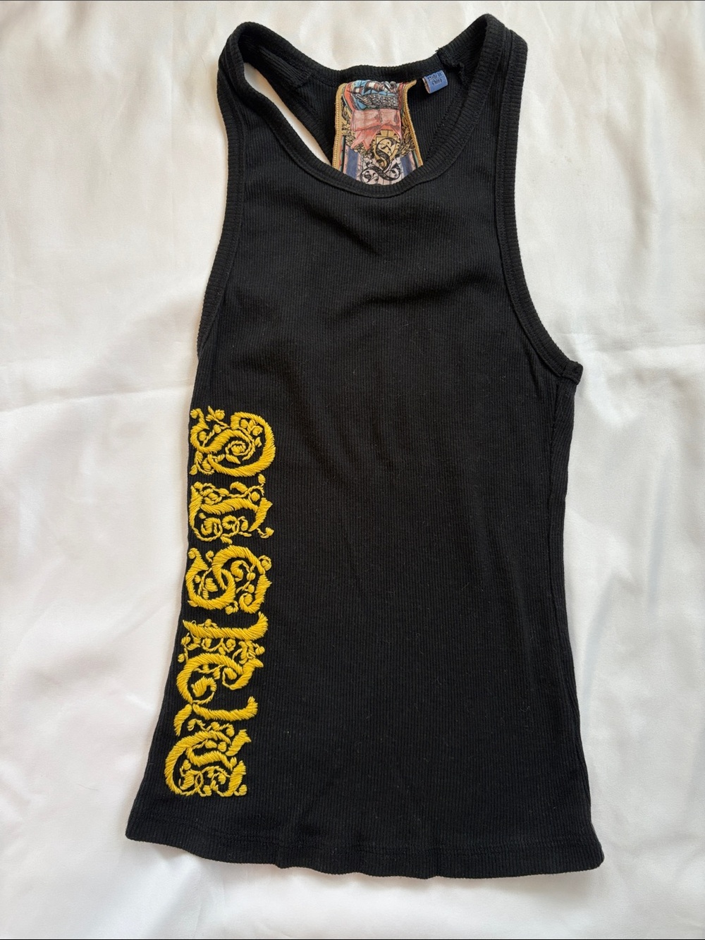 L.A.M.B. Black Ribbed Racerback Tank with Yellow Embroidered Side “MUSIC”